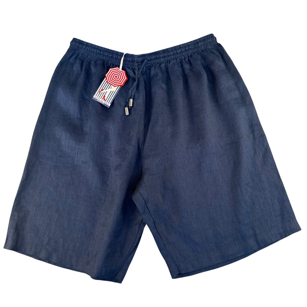 Leoni Al Sole Navy Blue 100% Linen Shorts XXL Italian Positanerie Drawstring NEW